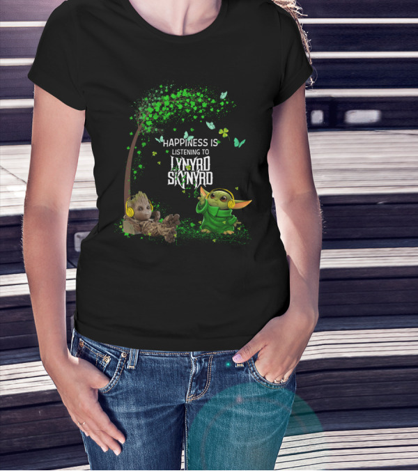 Happiness Is Listening To Lynyrd Skynyrd With Groot And Baby Yoda Under Tree With Butterflies T-Shirt