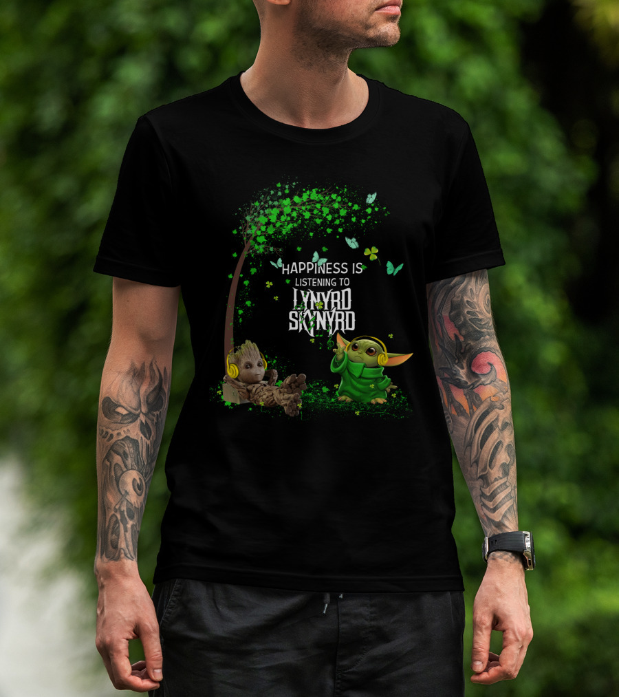 Happiness Is Listening To Lynyrd Skynyrd With Groot And Baby Yoda Under Tree With Butterflies T-Shirt