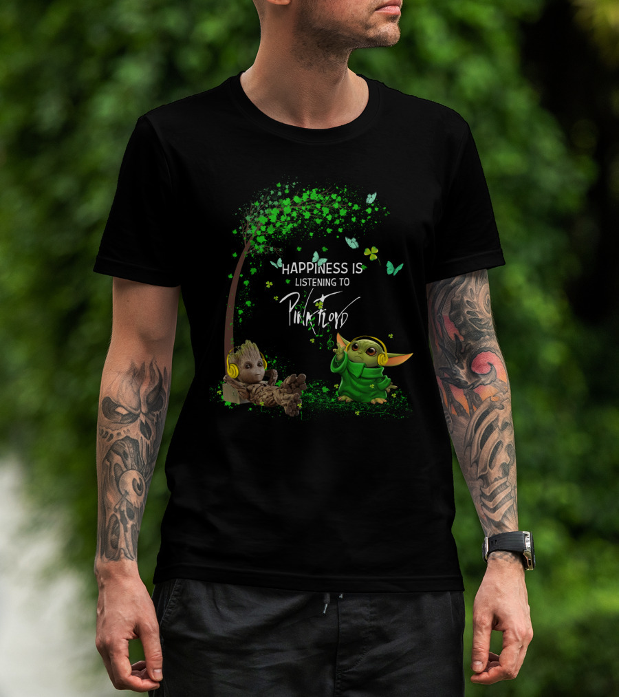 Happiness Is Listening To Pink Floyd With Headphone Characters In Green Fantasy Scene T-Shirt