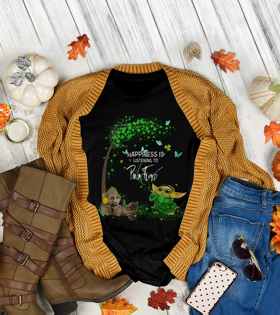 Happiness Is Listening To Pink Floyd With Headphone Characters In Green Fantasy Scene T-Shirt