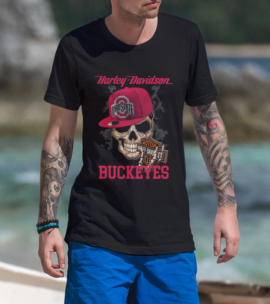 Harley Davidson Skull With Ohio State Buckeyes Cap And Motorcycle Elements T-Shirt