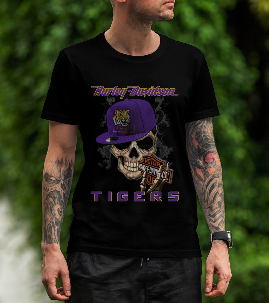 Harley Davidson Lsu Tigers Skull Hat T-Shirt