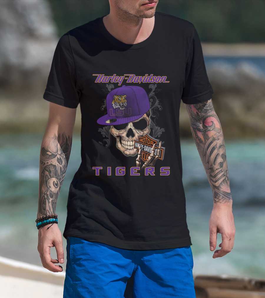 Harley Davidson Lsu Tigers Skull Hat T-Shirt