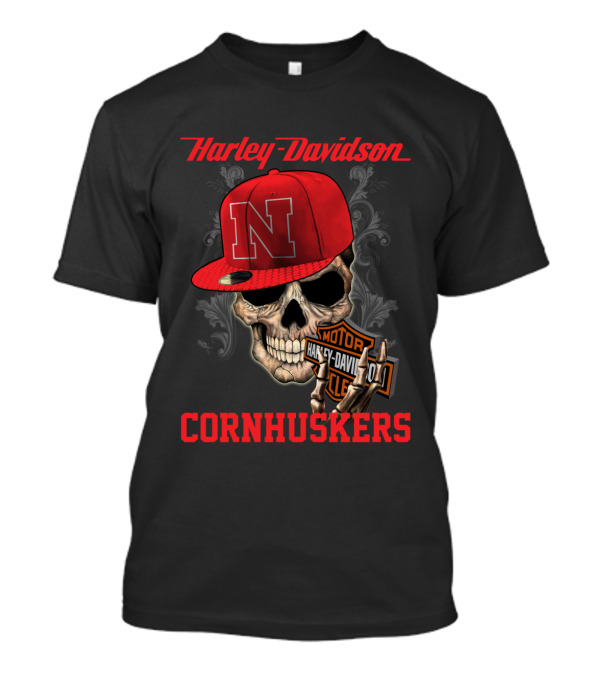 Harley Davidson Nebraska Cornhuskers Skull With Red N Cap T-Shirt