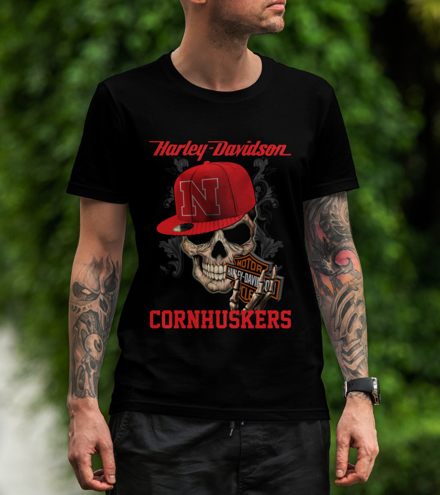 Harley Davidson Nebraska Cornhuskers Skull With Red N Cap T-Shirt