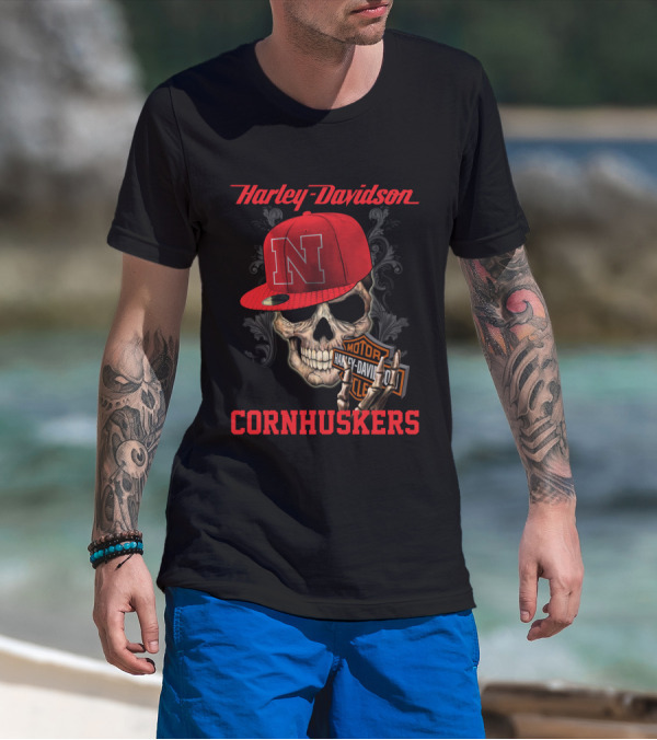 Harley Davidson Nebraska Cornhuskers Skull With Red N Cap T-Shirt