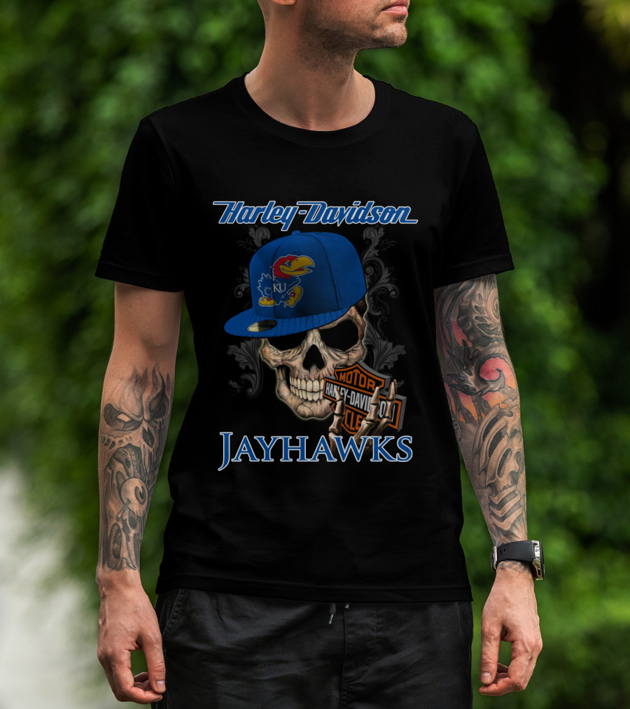 Harley Davidson Skull Kansas Jayhawks Ku Hat T-Shirt