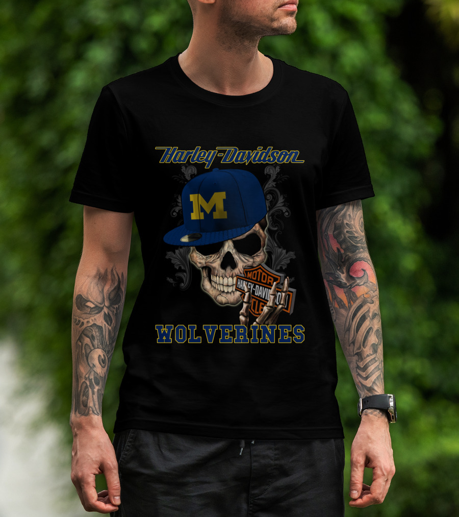 Harley Davidson Michigan Wolverines Skull With Cap T-Shirt