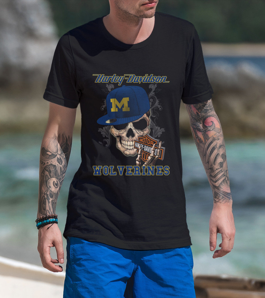 Harley Davidson Michigan Wolverines Skull With Cap T-Shirt