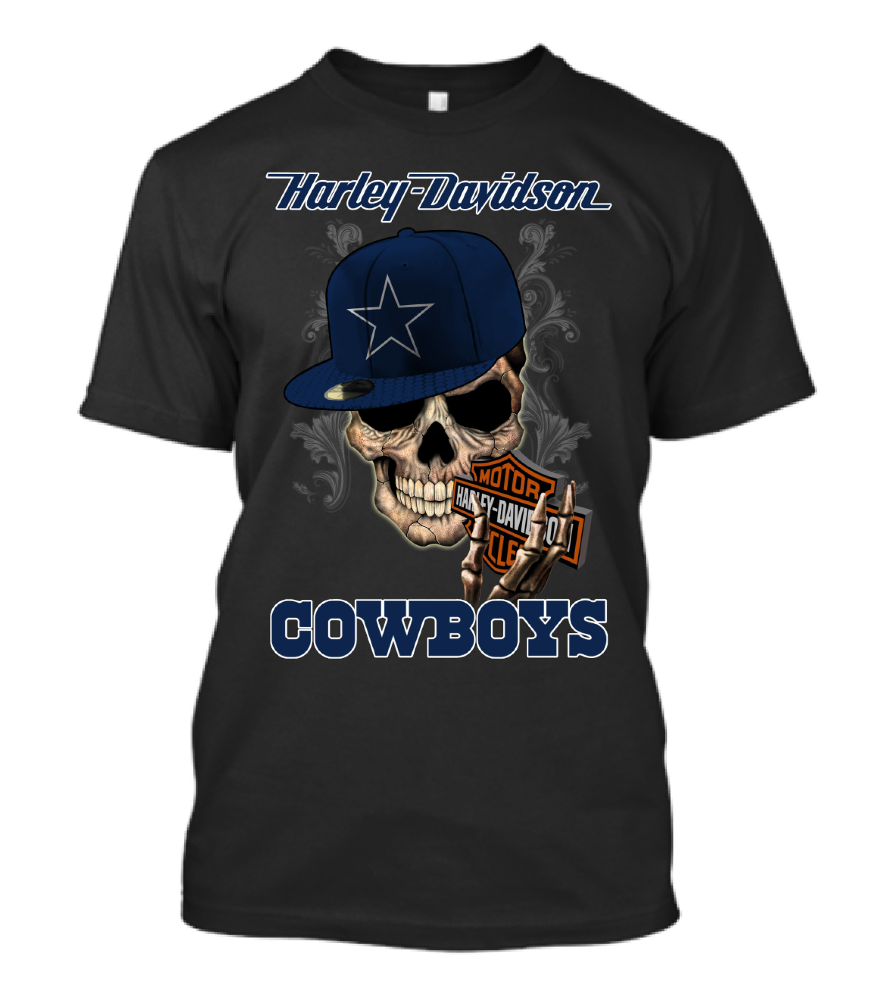 Harley Davidson Skull With Dallas Cowboys Hat And Logo Cowboys T-Shirt