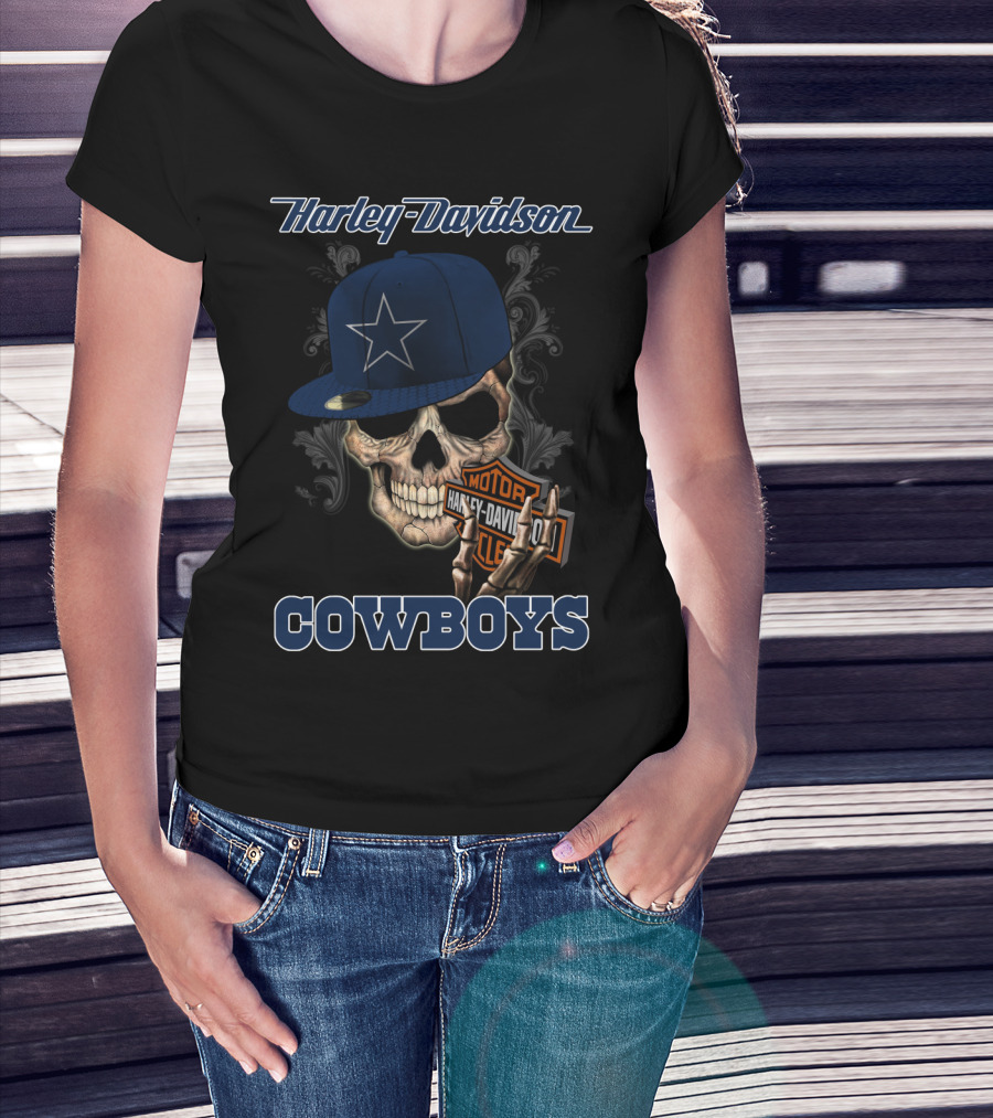 Harley Davidson Skull With Dallas Cowboys Hat And Logo Cowboys T-Shirt