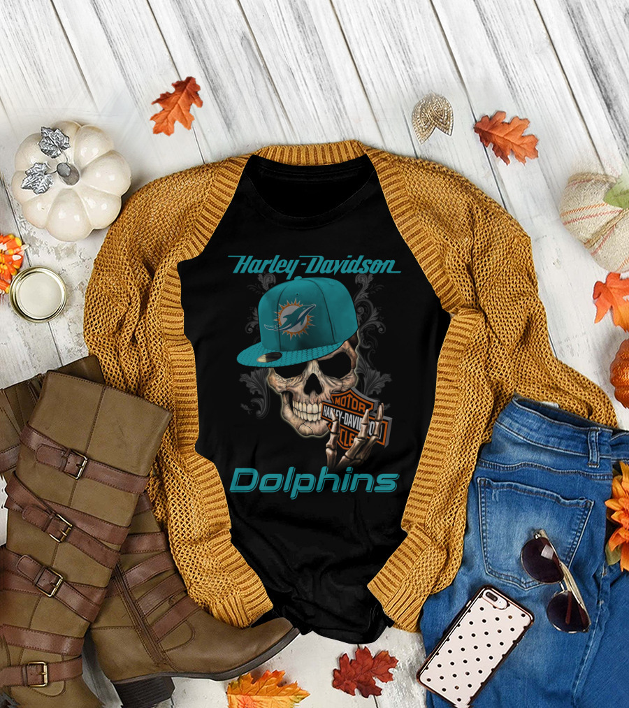 Harley Davidson Dolphins Skull Miami Dolphins T-Shirt
