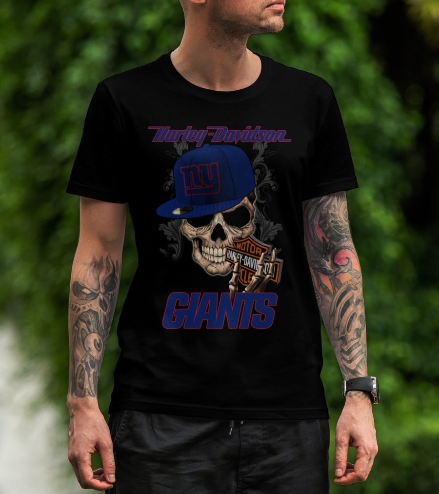 Harley Davidson Giants Skull With New York Giants Cap T-Shirt