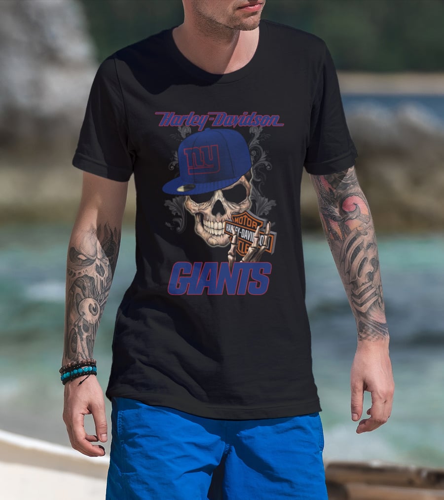 Harley Davidson Giants Skull With New York Giants Cap T-Shirt
