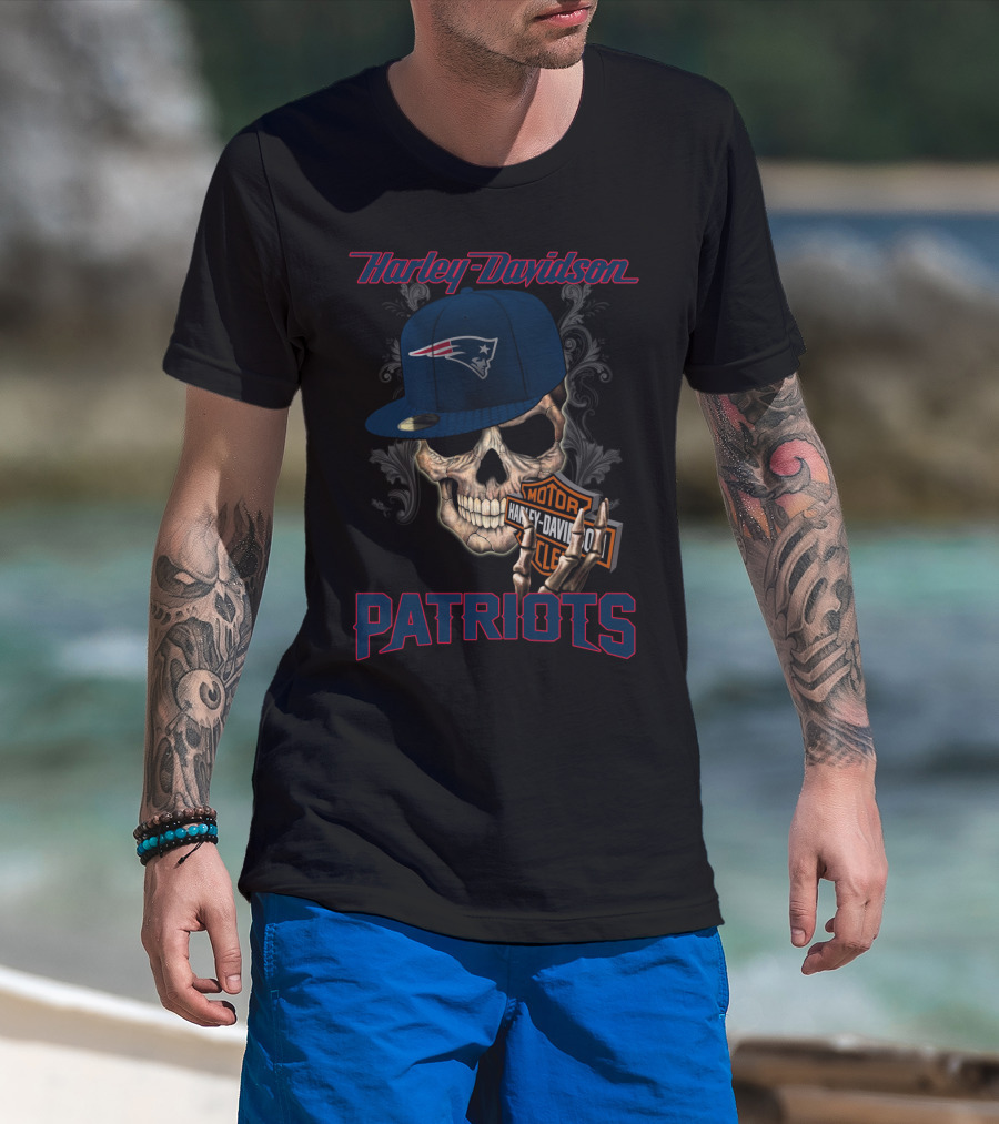 Harley Davidson Skull New England Patriots Hat T-Shirt