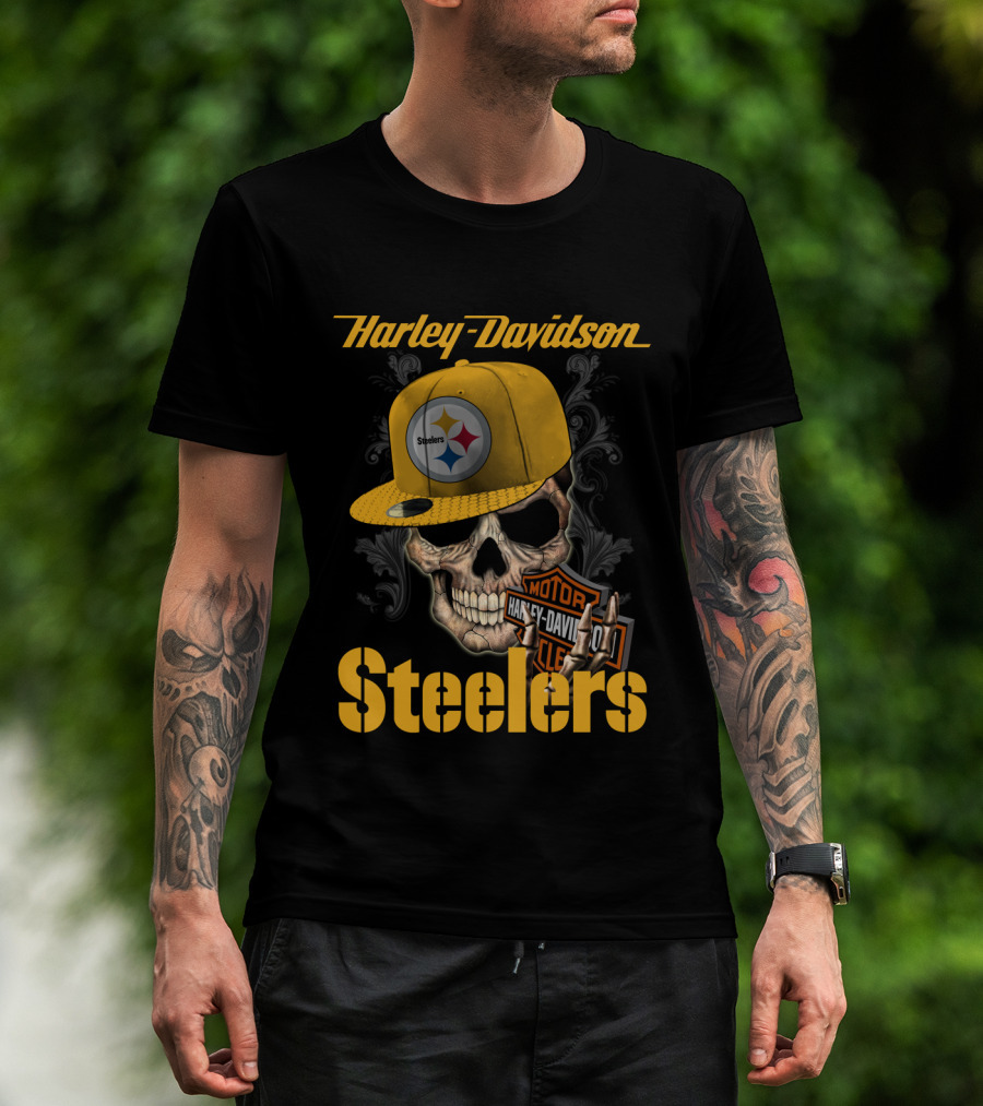 Harley Davidson Pittsburgh Steelers Skull Hat T-Shirt