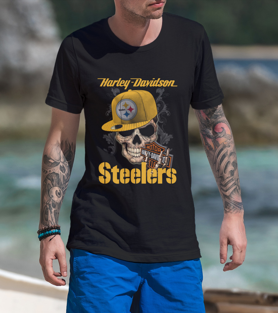 Harley Davidson Pittsburgh Steelers Skull Hat T-Shirt