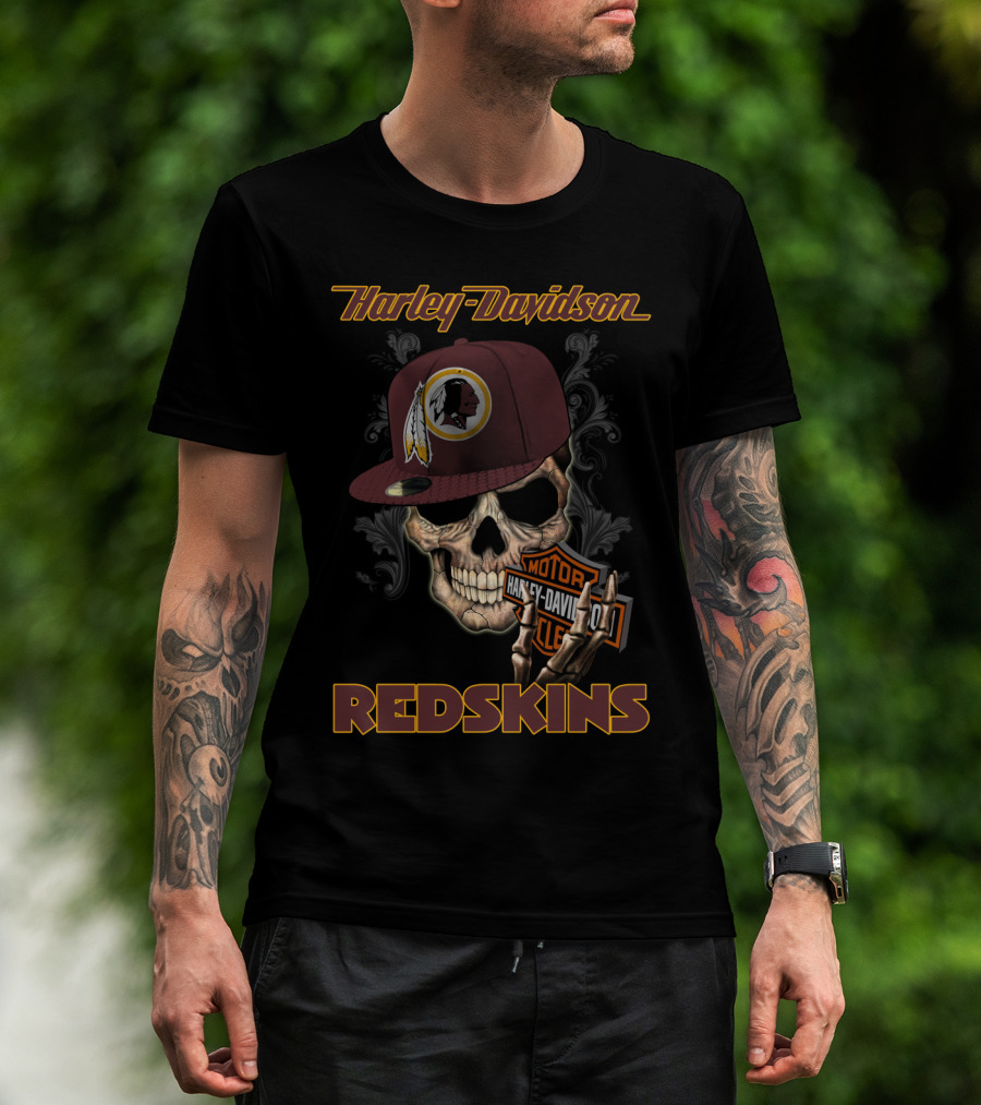 Harley Davidson Redskins Skull With Washington Redskins Cap T-Shirt