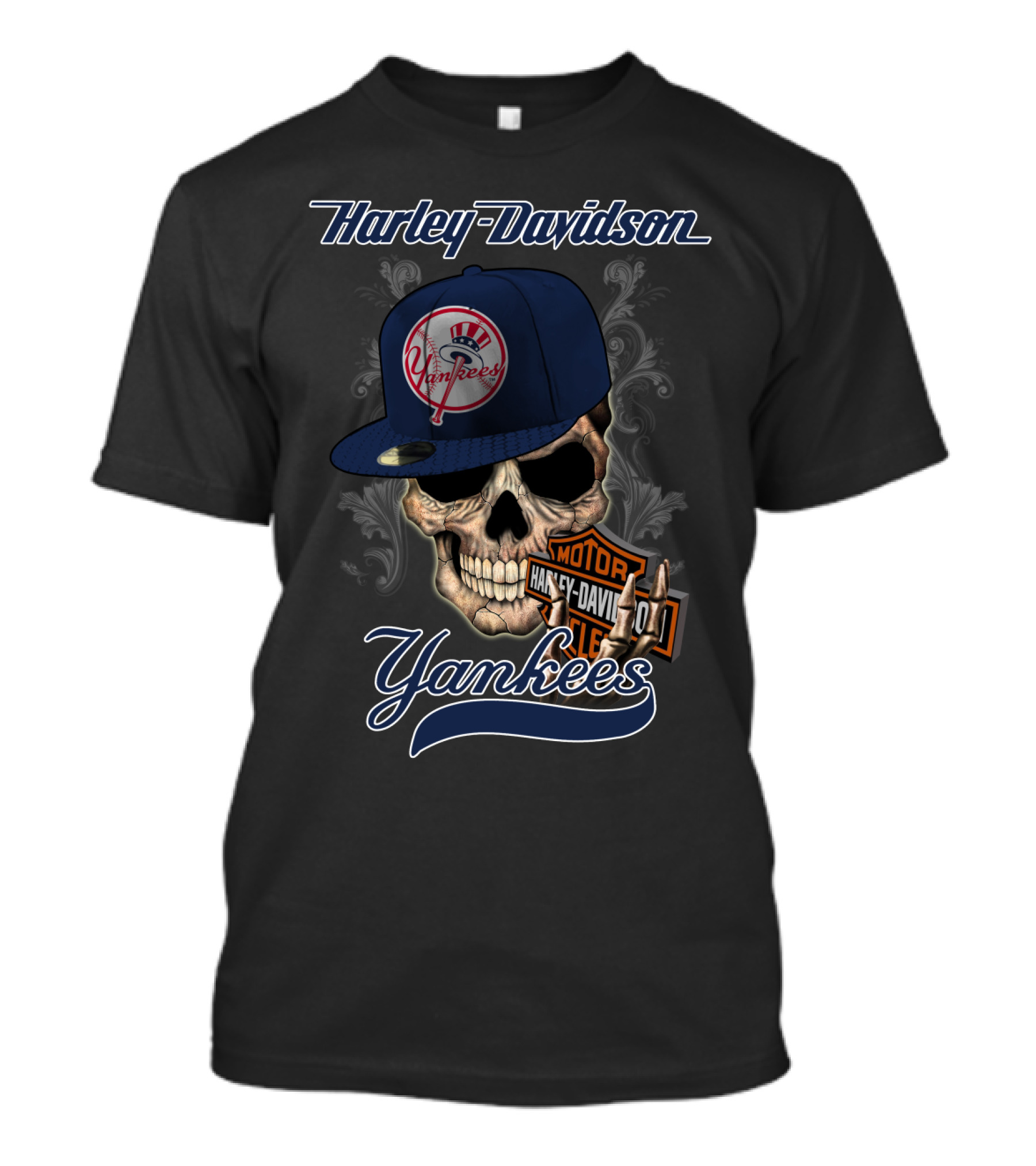 Harley Davidson Yankees Skull With New York Yankees Cap T-Shirt
