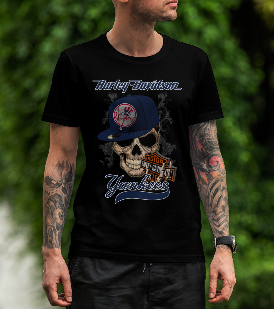 Harley Davidson Yankees Skull With New York Yankees Cap T-Shirt