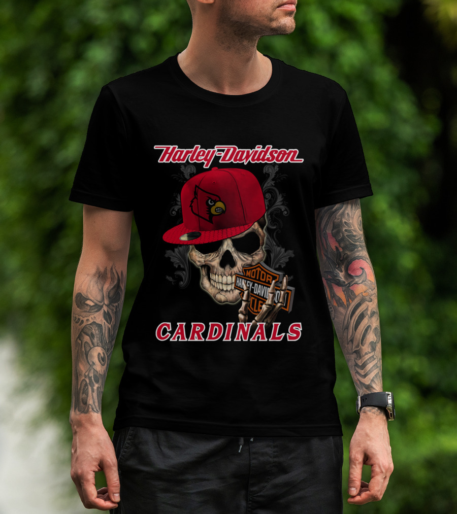 Harley Davidson Skull With Louisville Cardinals Hat T-Shirt