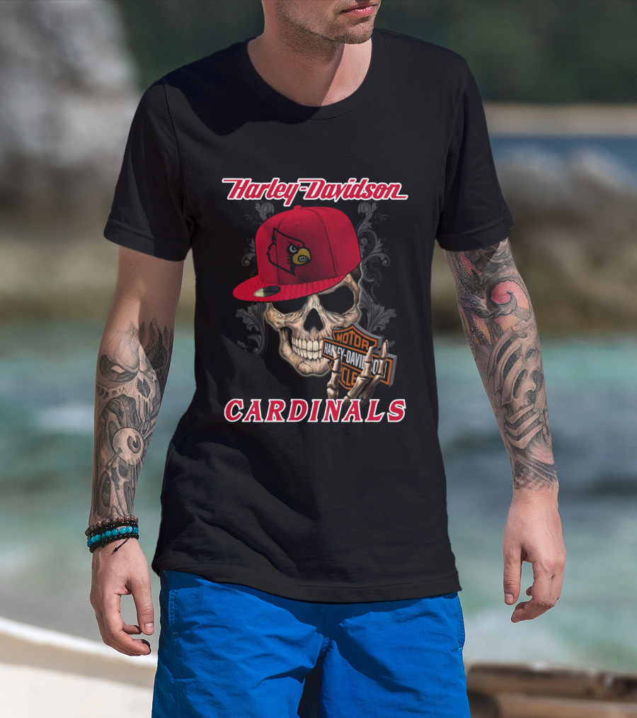 Harley Davidson Skull With Louisville Cardinals Hat T-Shirt