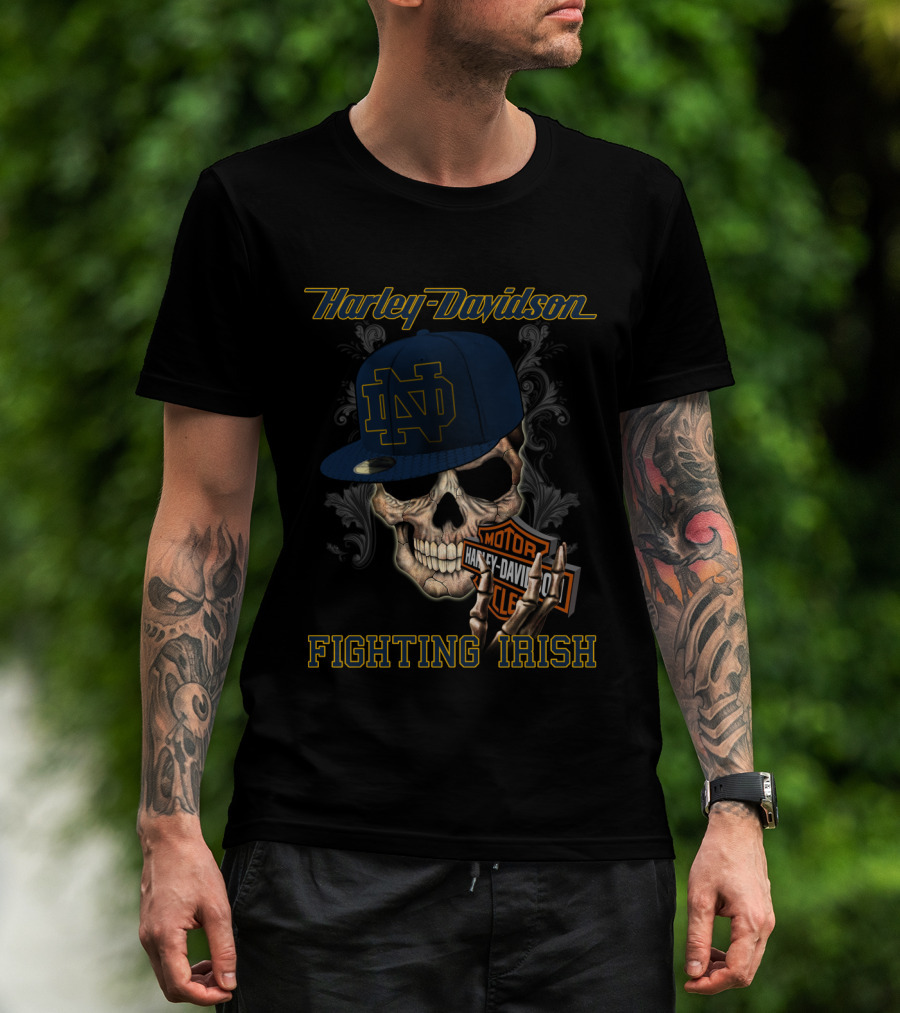 Harley Davidson Skull With Notre Dame Fighting Irish Cap T-Shirt