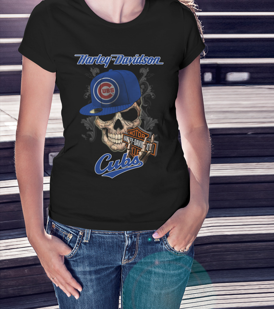 Harley Davidson Skull With Chicago Cubs Hat T-Shirt