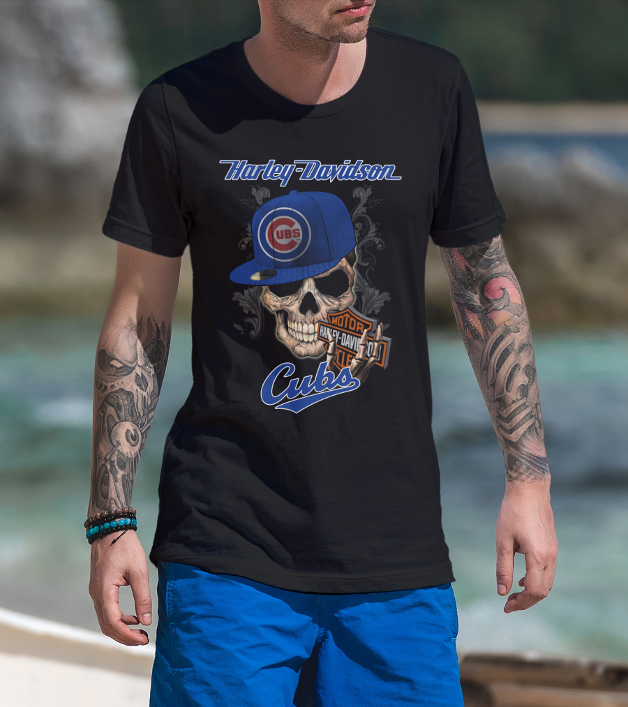 Harley Davidson Skull With Chicago Cubs Hat T-Shirt