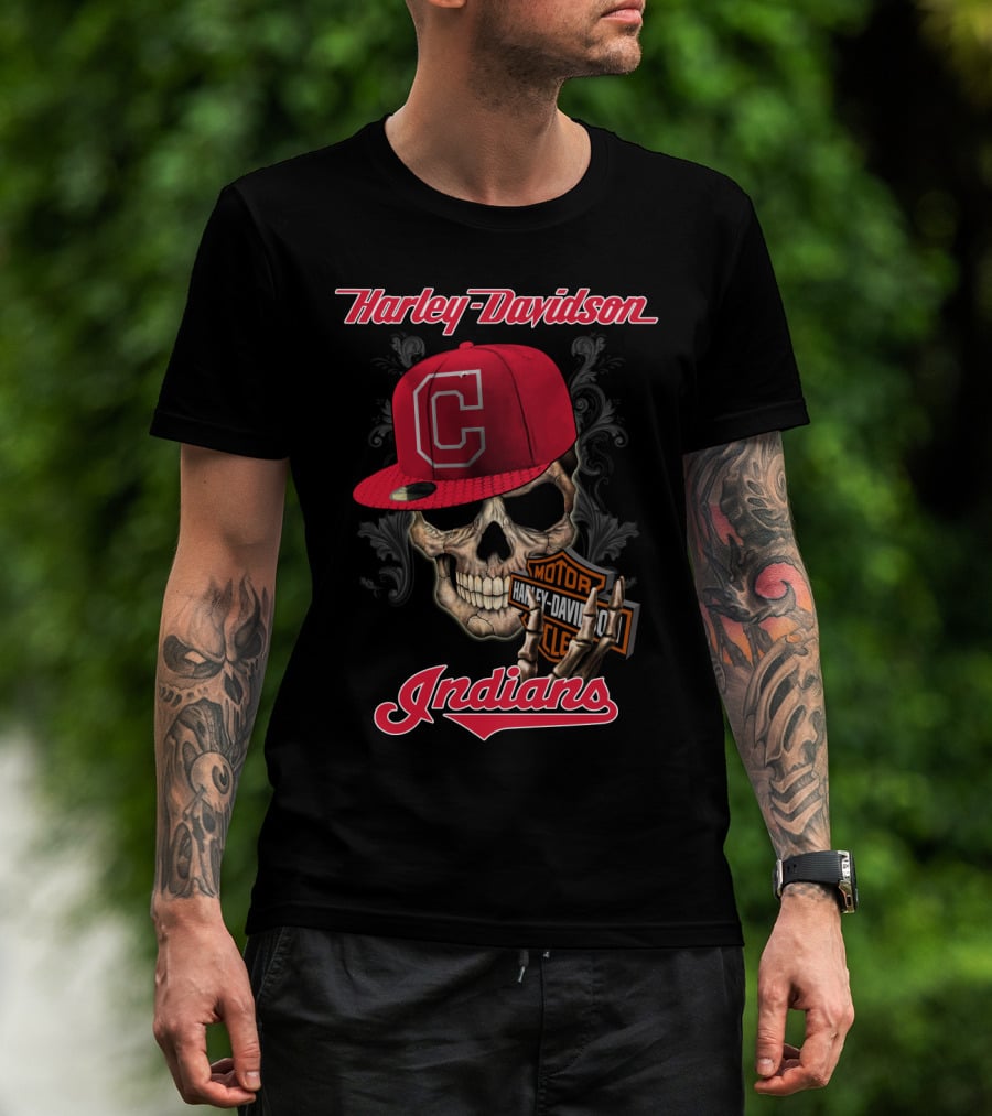 Harley Davidson Skull With Cleveland Indians Cap T-Shirt