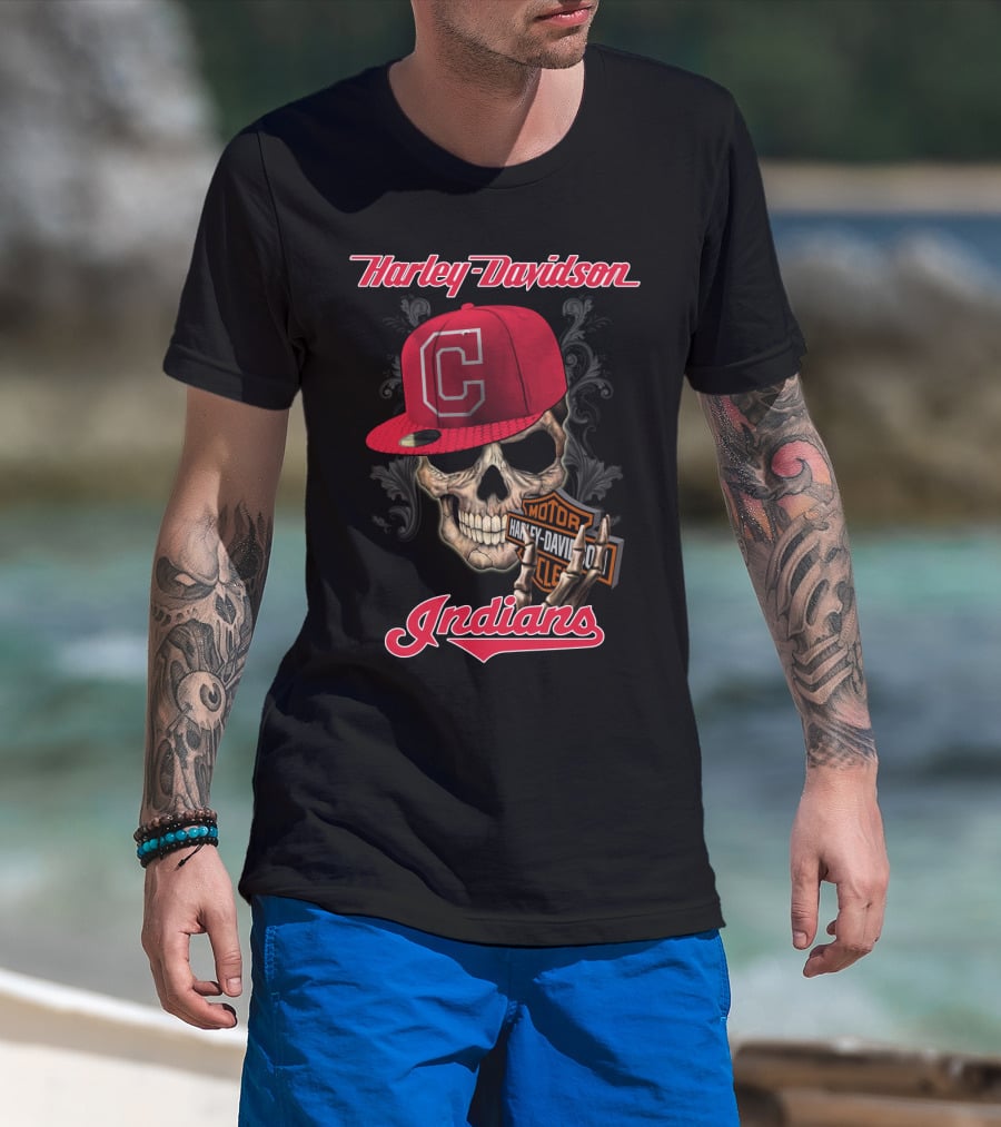 Harley Davidson Skull With Cleveland Indians Cap T-Shirt