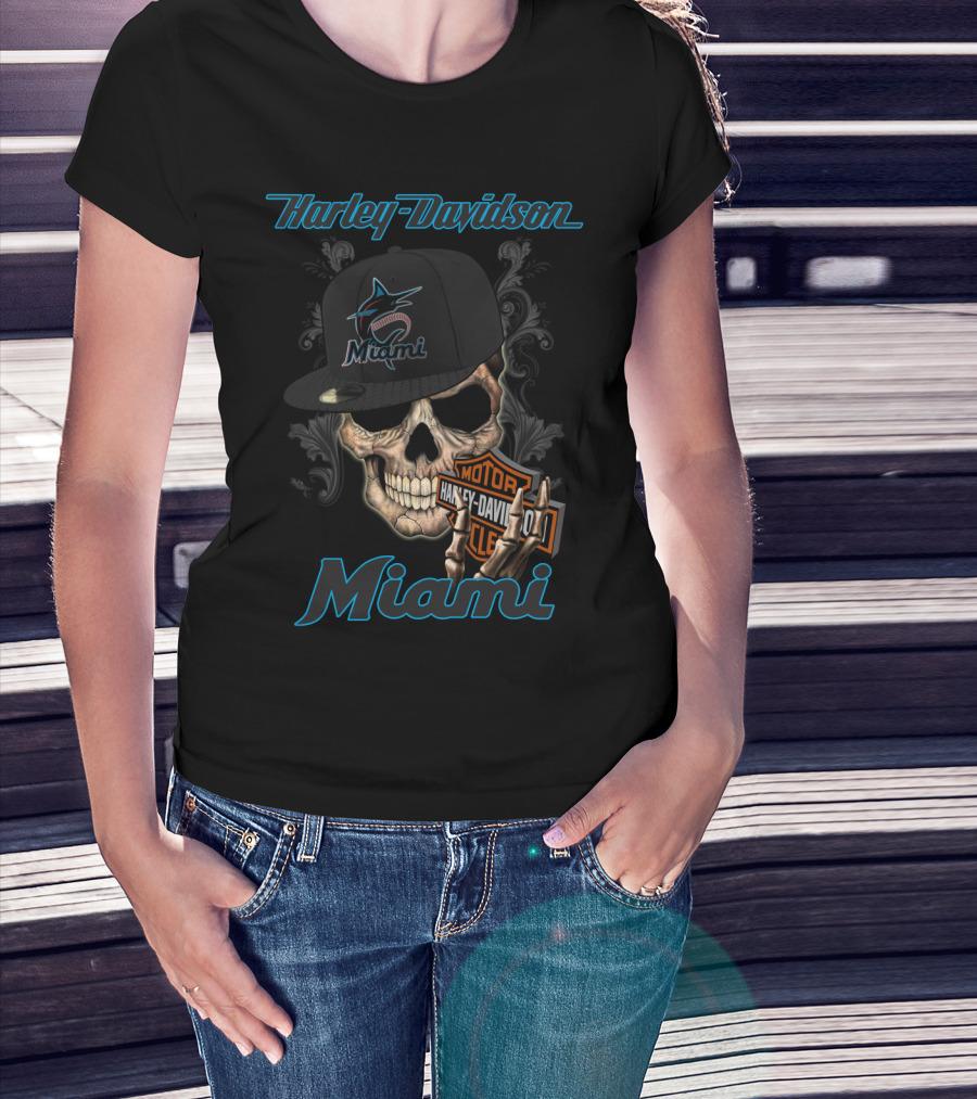 Harley Davidson Miami Skull With Miami Marlins Cap T-Shirt