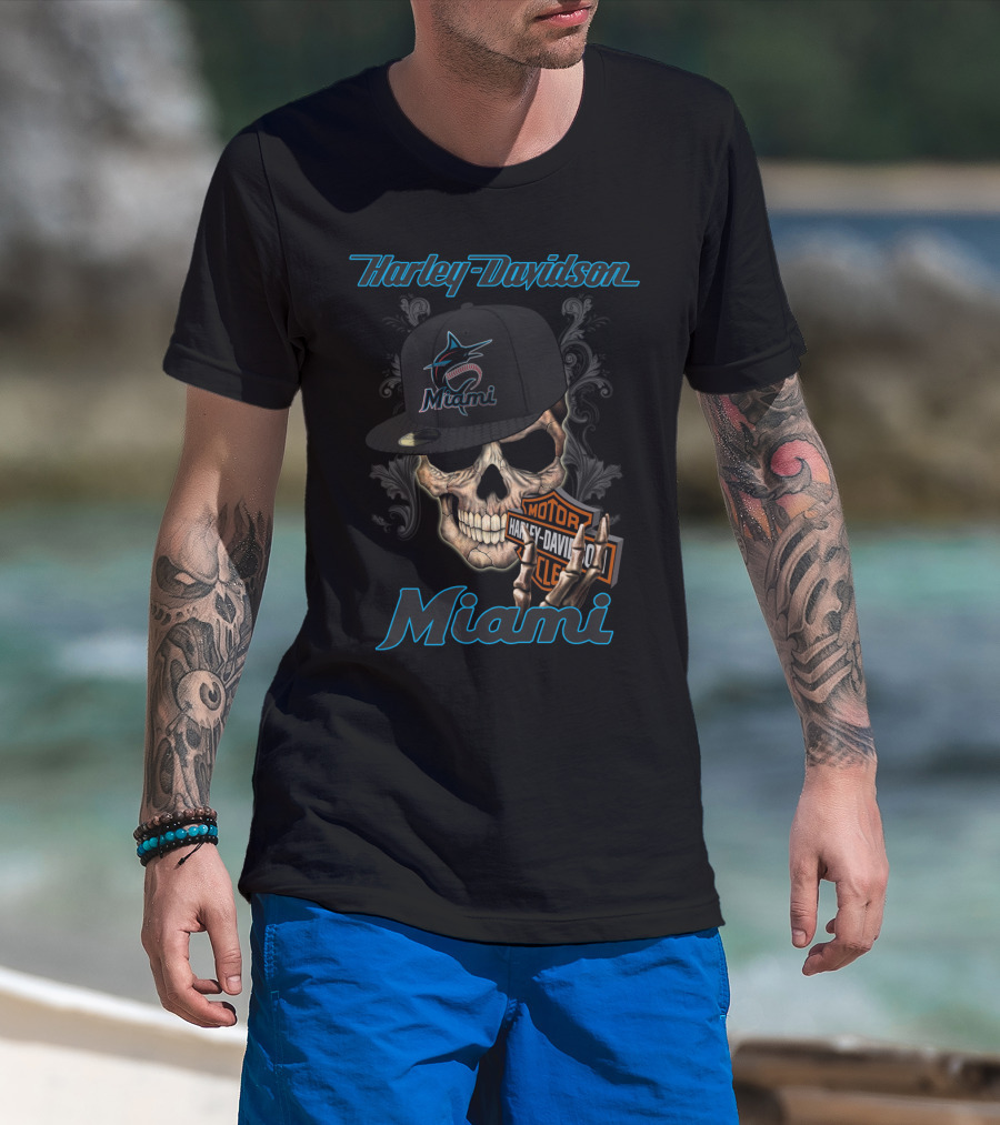 Harley Davidson Miami Skull With Miami Marlins Cap T-Shirt