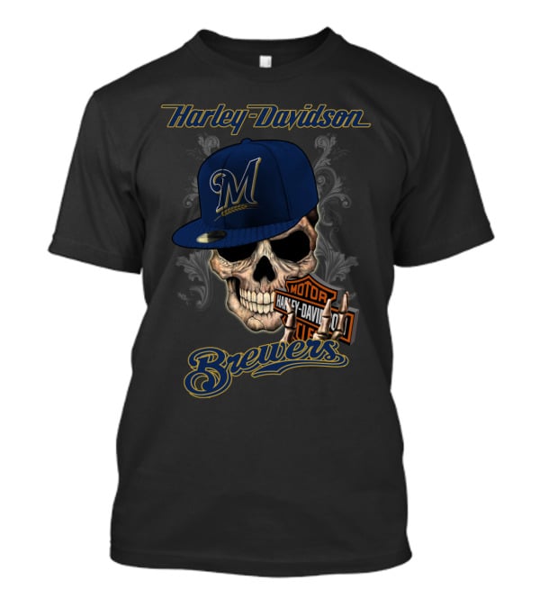 Harley Davidson Milwaukee Brewers Skull With Hat T-Shirt