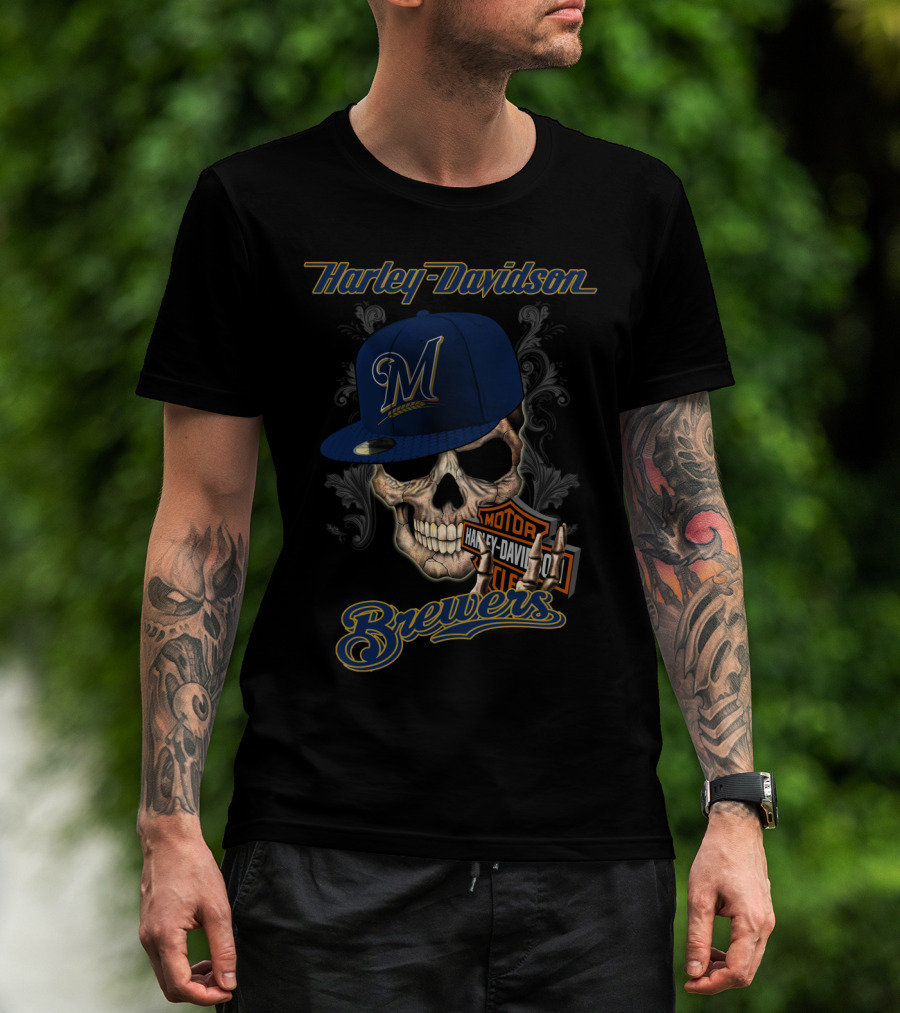 Harley Davidson Milwaukee Brewers Skull With Hat T-Shirt