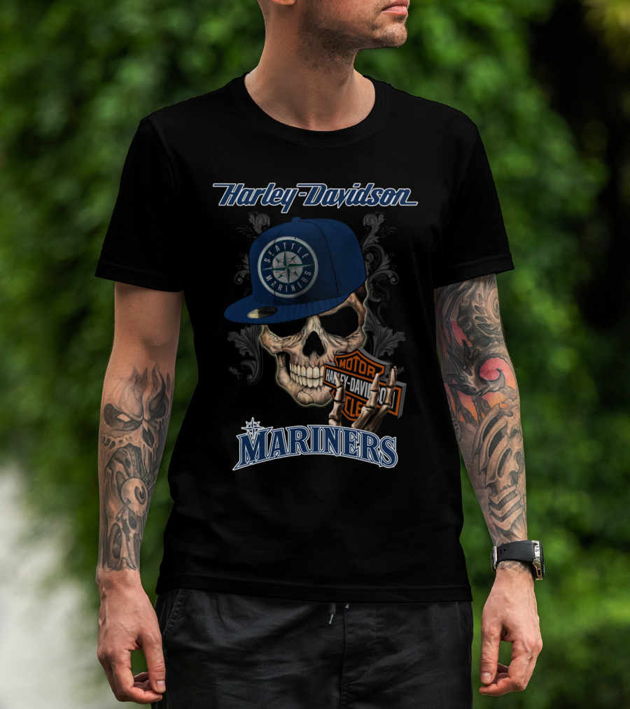 Harley Davidson Skull With Seattle Mariners Cap T-Shirt