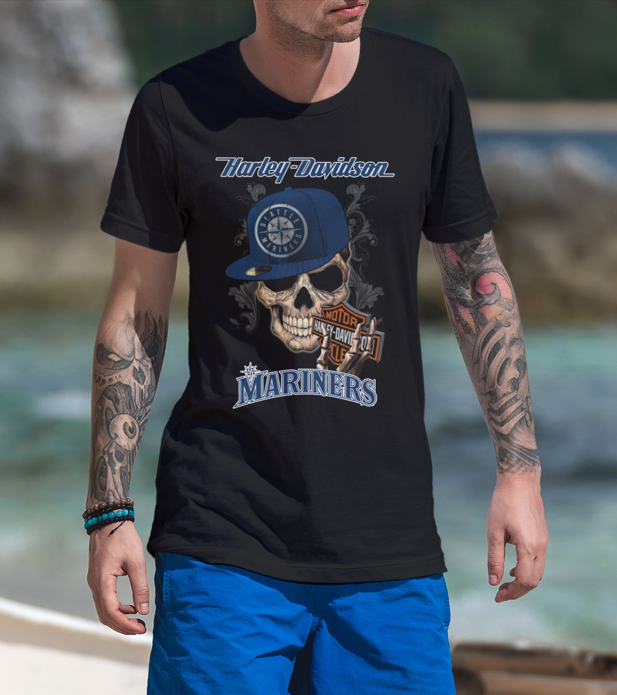 Harley Davidson Skull With Seattle Mariners Cap T-Shirt