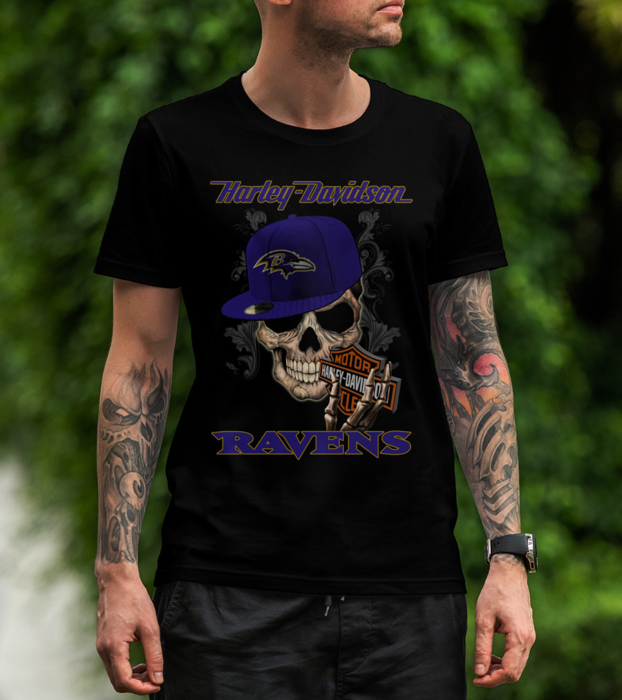 Harley Davidson Motor Skull Baltimore Ravens Hat T-Shirt