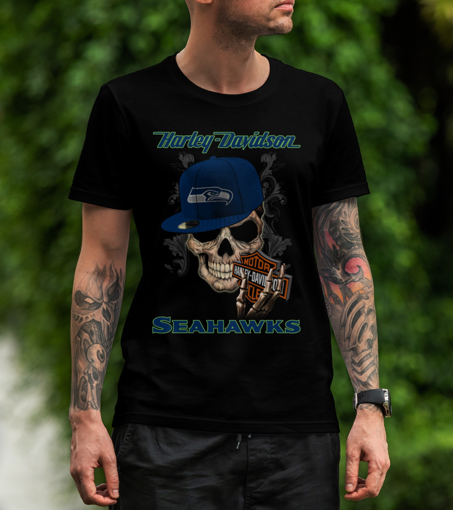 Harley Davidson Seattle Seahawks Skull With Seahawks Cap T-Shirt