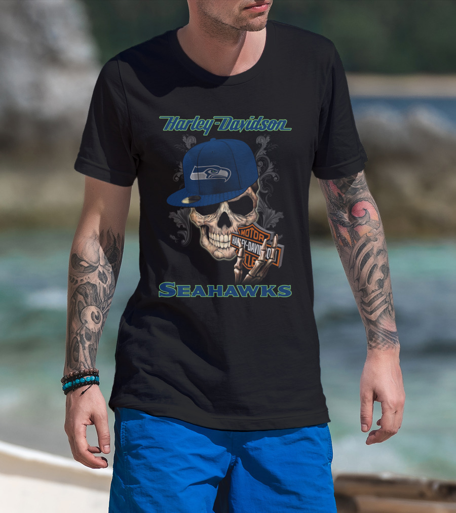 Harley Davidson Seattle Seahawks Skull With Seahawks Cap T-Shirt