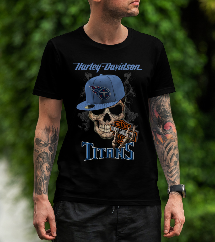 Harley Davidson Skull With Tennessee Titans Cap T-Shirt