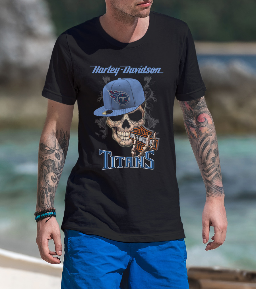 Harley Davidson Skull With Tennessee Titans Cap T-Shirt