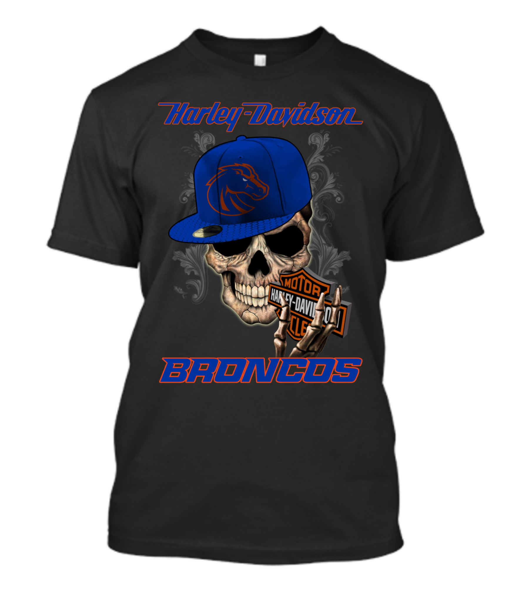 Harley Davidson Skull With Boise State Broncos Cap T-Shirt
