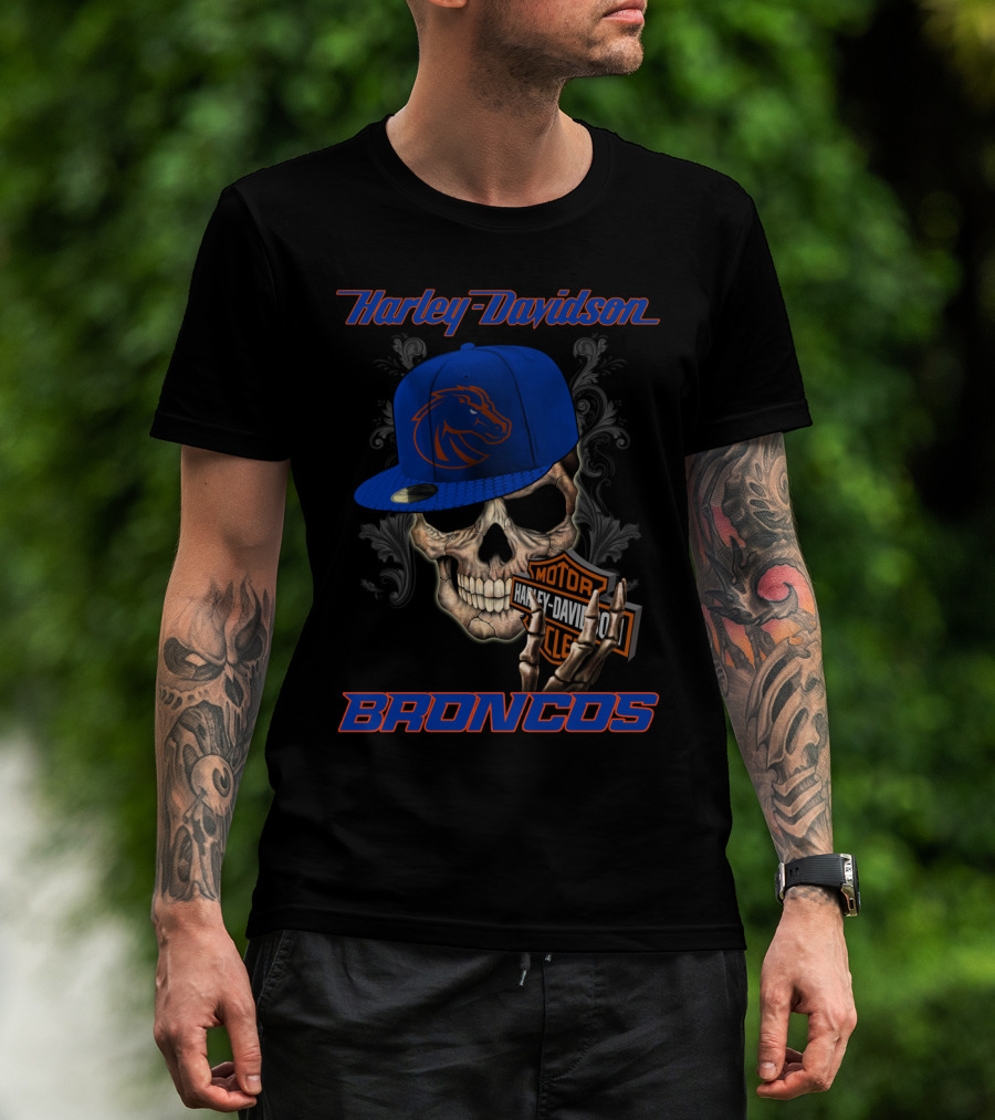 Harley Davidson Skull With Boise State Broncos Cap T-Shirt