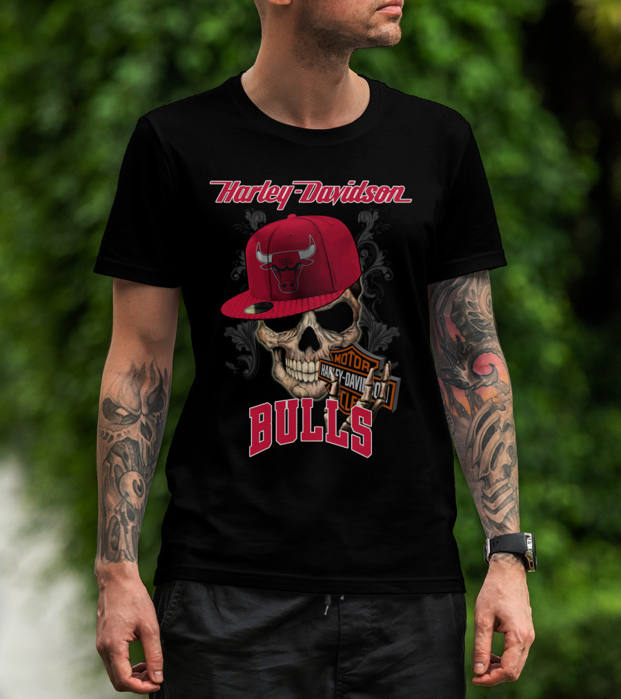 Harley Davidson Skull Chicago Bulls Cap With Motorcycle T-Shirt