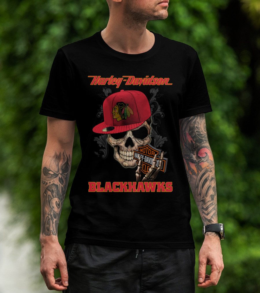 Harley Davidson Skull With Chicago Blackhawks Cap And Motor Cycle T-Shirt