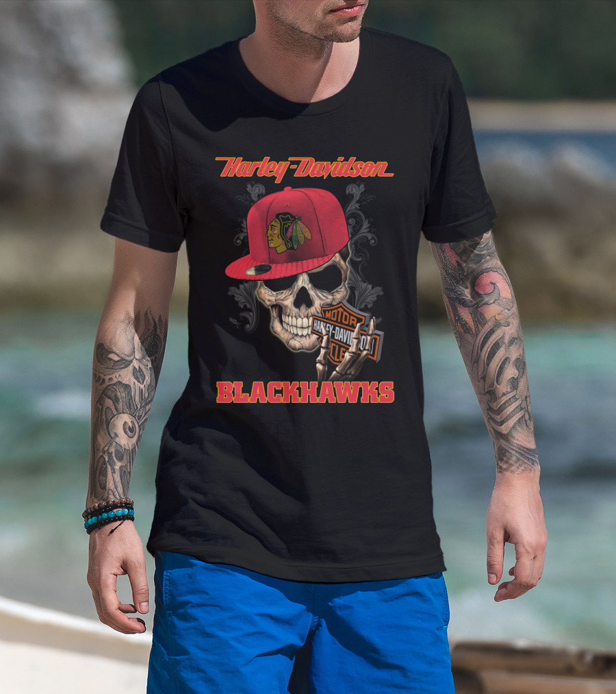 Harley Davidson Skull With Chicago Blackhawks Cap And Motor Cycle T-Shirt