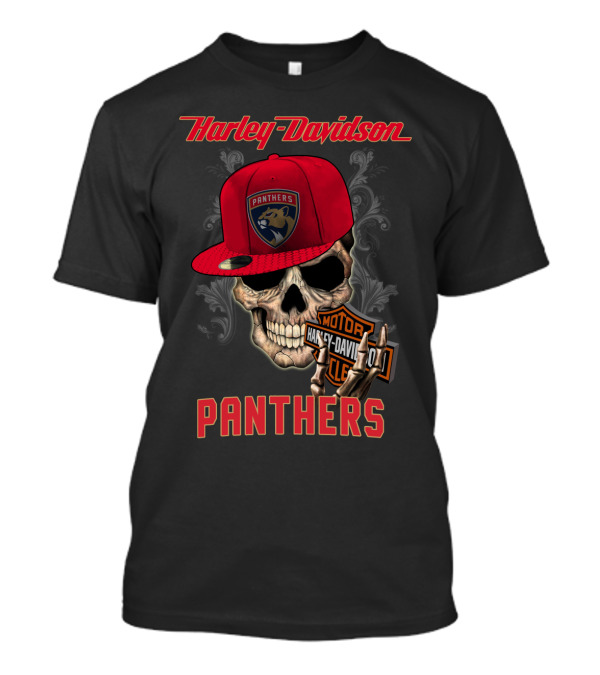 Harley Davidson Skull Florida Panthers Logo With Cap And Motorcycle Badge T-Shirt