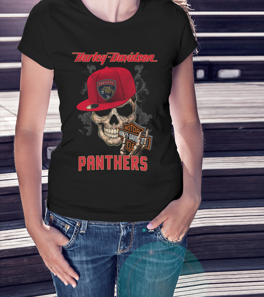 Harley Davidson Skull Florida Panthers Logo With Cap And Motorcycle Badge T-Shirt