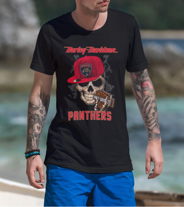 Harley Davidson Skull Florida Panthers Logo With Cap And Motorcycle Badge T-Shirt